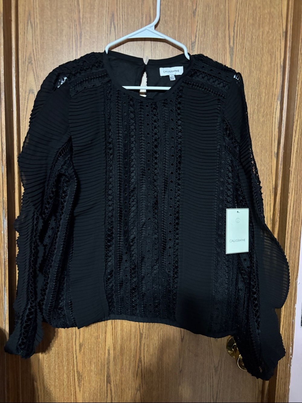 Caligramé Black Lace-Trim Pleated Long-Sleeve Blouse
